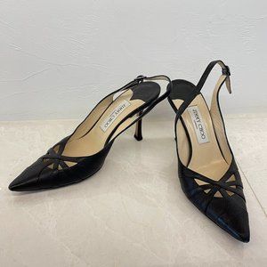 JIMMY CHOO Slingback Cut-Out Black Leather Heels Pumps Sexy Pointy Toe Size 37